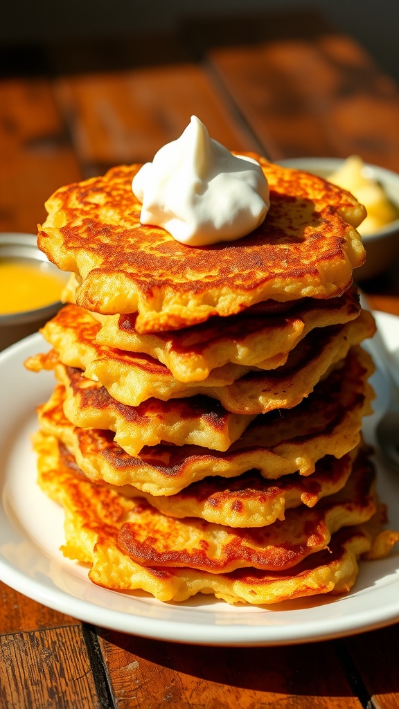 Crispy and Easy Potato Latkes Recipe A delicious stack of crispy potato latkes served with sour cream and applesauce on a rustic wooden table.